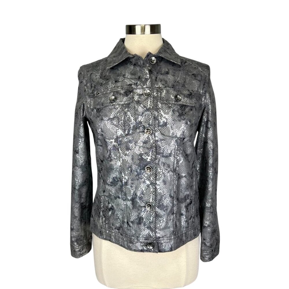 Chicos Womens Python Print Jacket Metallic Gray Button Front size Small